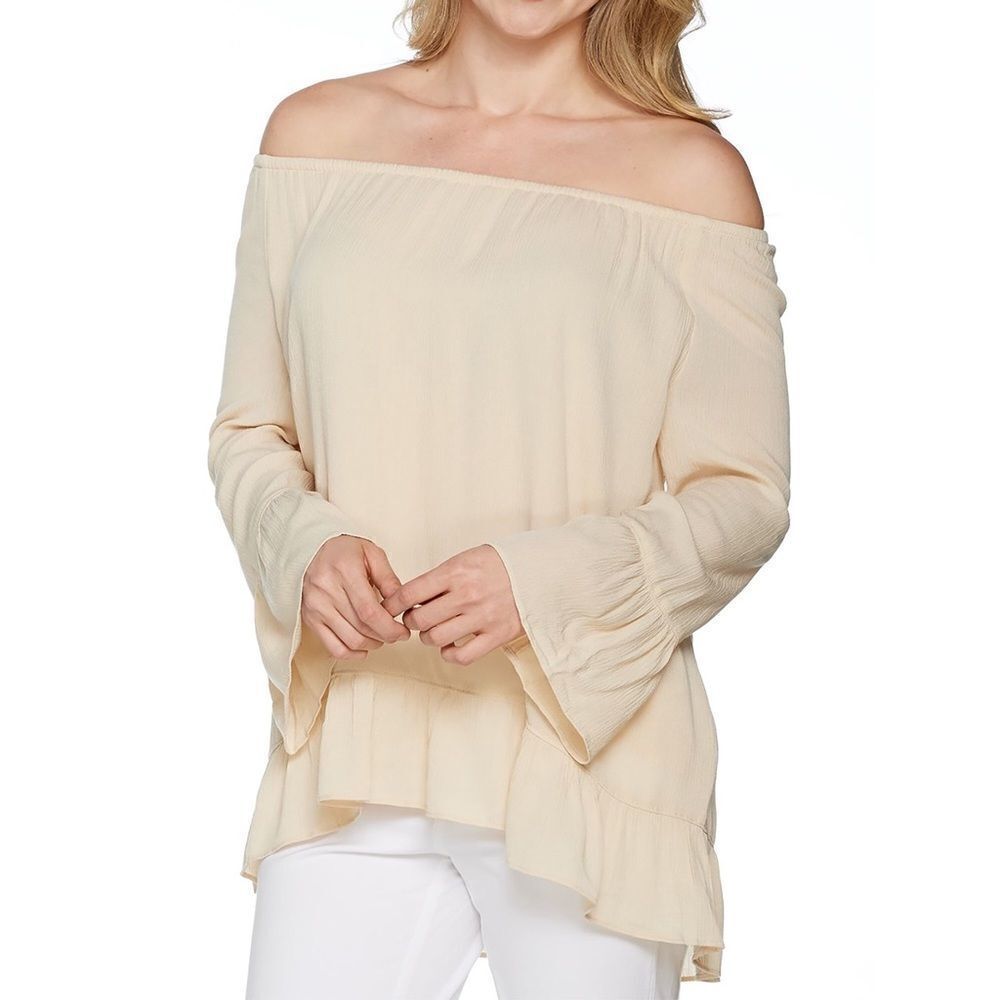 Du Jour Bell Sleeev Crinkle Gauze Off Shoulder Top